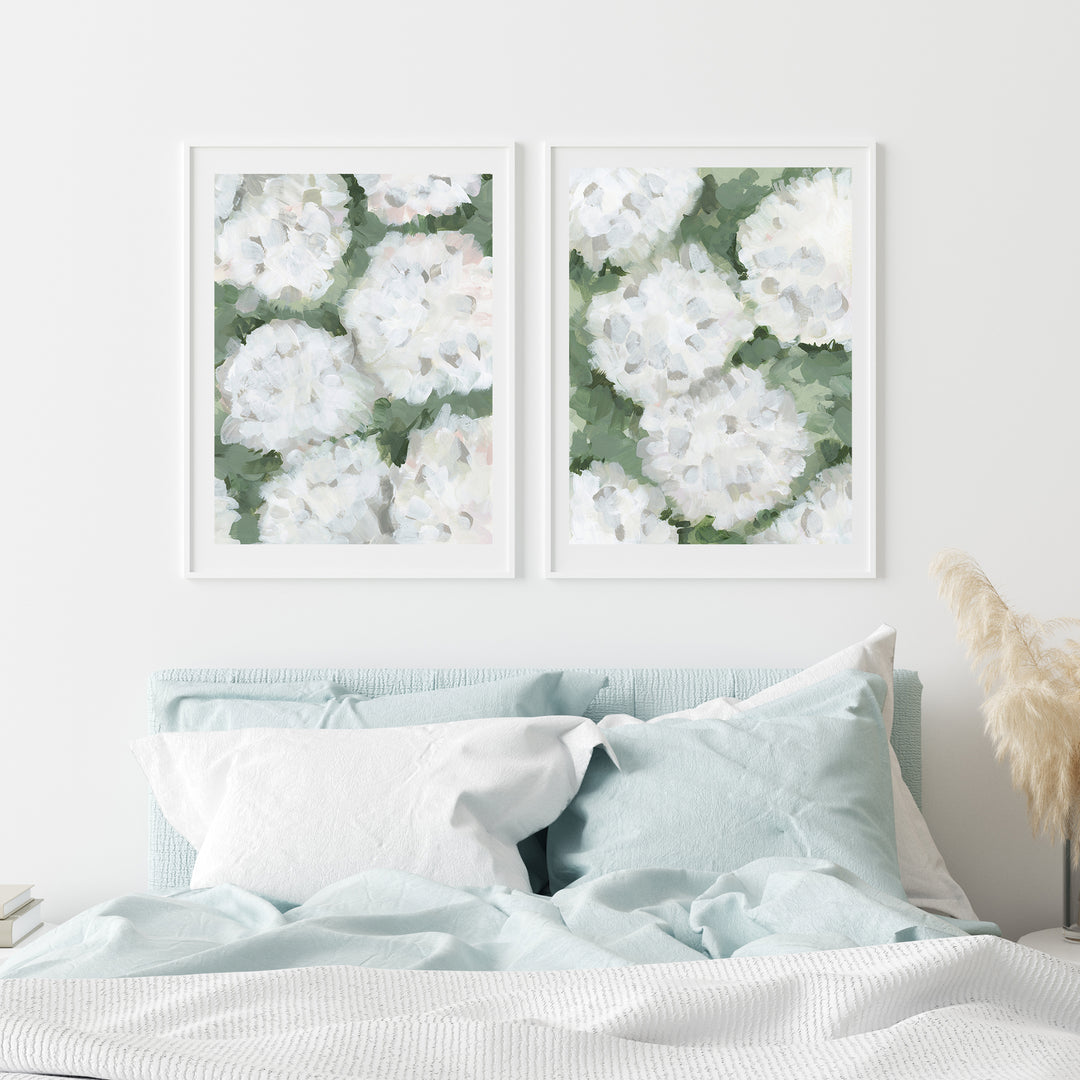 August Hydrangeas Set of 2 Prints or Canvases - Floral Modern Farmhouse Painting from Jetty Home - Above a Bed