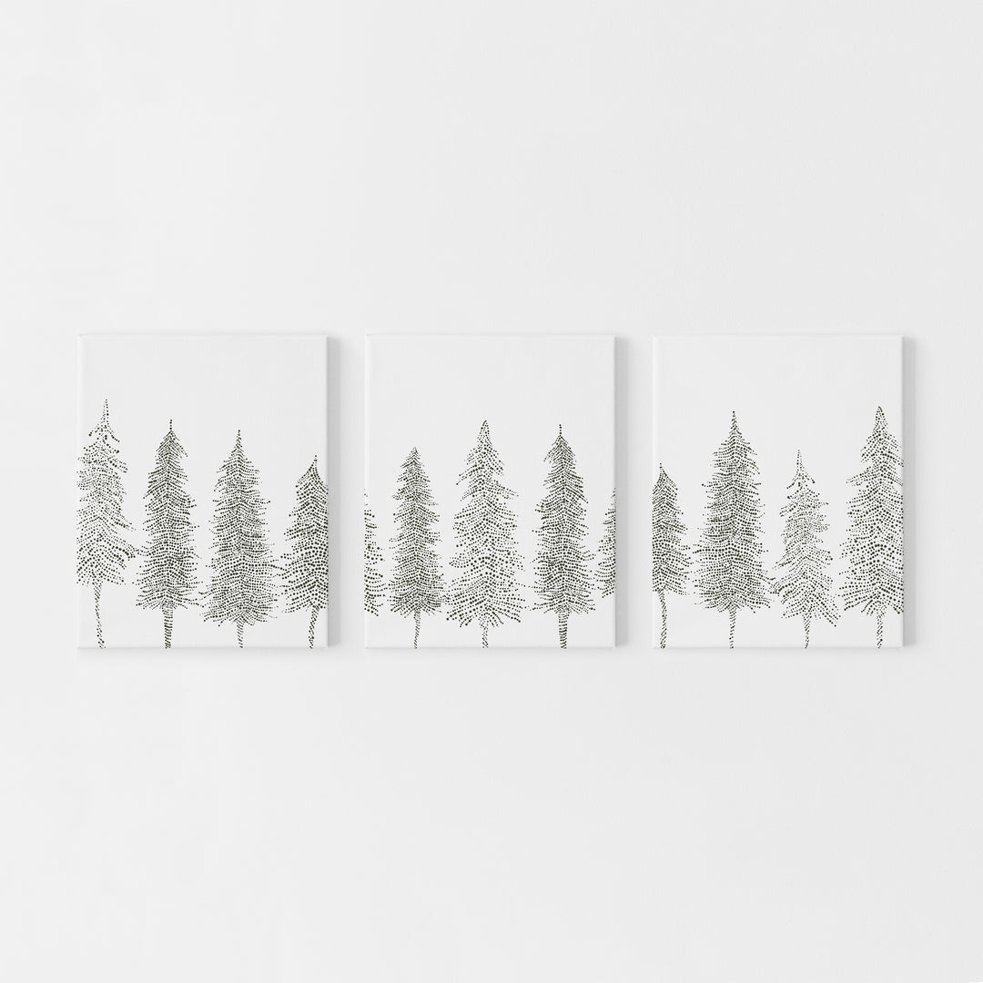 Pine Tree Line Scandinavian Winter Triptych Set of 3 Wall Art Prints or Canvases - Jetty Home