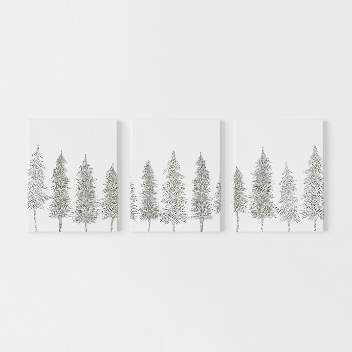 Pine Tree Line Scandinavian Winter Triptych Set of 3 Wall Art Prints or Canvases - Jetty Home