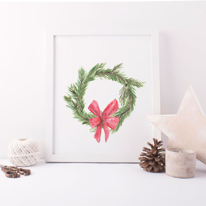 Green Watercolor Christmas Wreath Wall Art Print or Canvas - Jetty Home