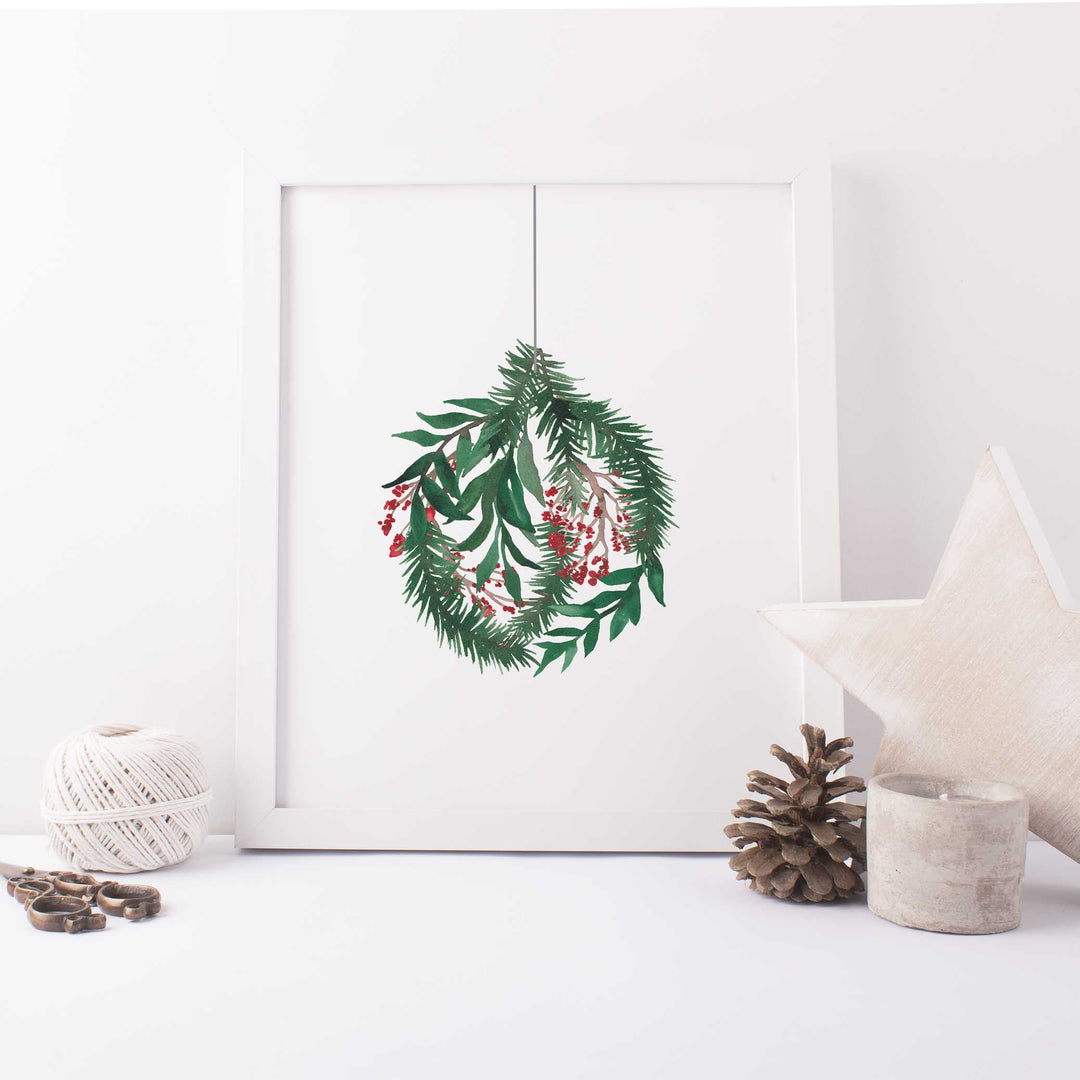 Watercolor Christmas Ornament Holly Leaves Wall Art Print or Canvas - Jetty Home