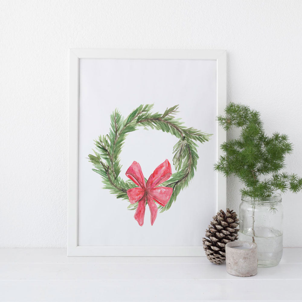 Green Watercolor Christmas Wreath Wall Art Print or Canvas - Jetty Home