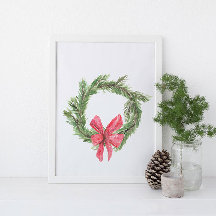 Green Watercolor Christmas Wreath Wall Art Print or Canvas - Jetty Home