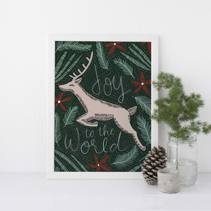 Joy to the World Deer Red and Green Christmas Wall Art Print or Canvas - Jetty Home