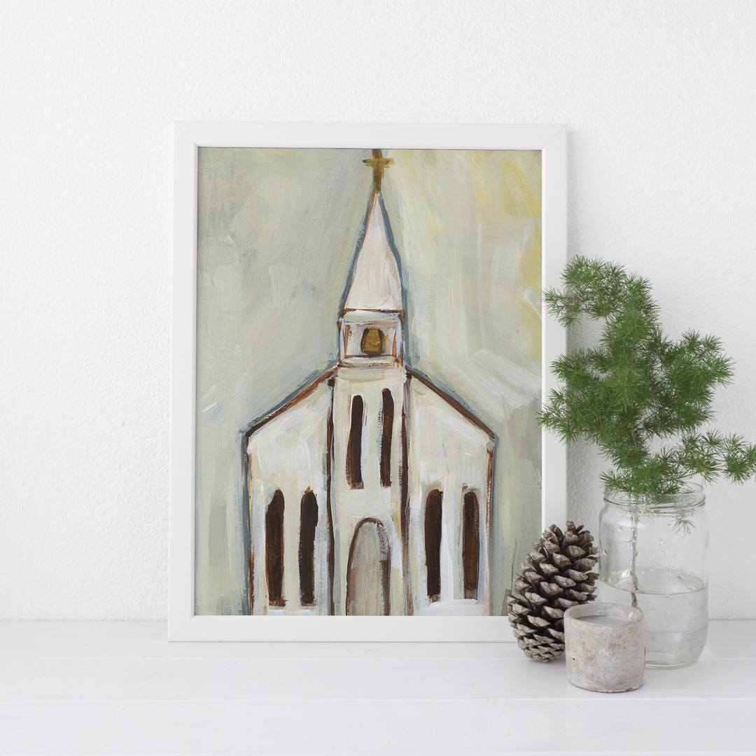 Church Painting Neutral Cream Rustic Wall Art Print or Canvas - Jetty Home