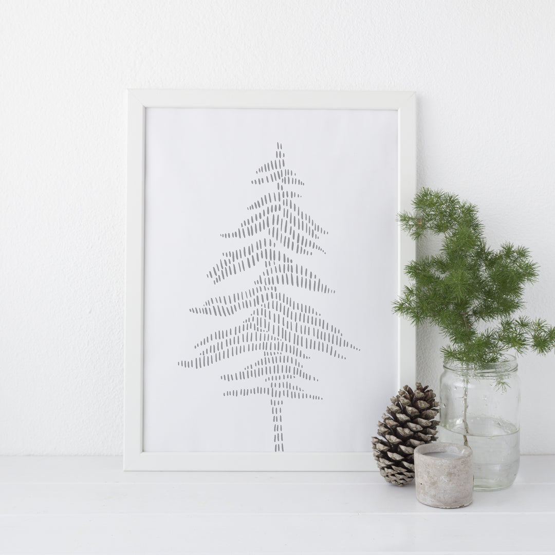 Modern Gray Evergreen Pine Tree Illustration Wall Art Print or Canvas - Jetty Home