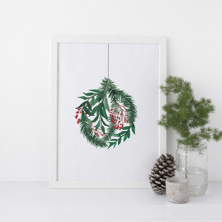 Watercolor Christmas Ornament Holly Leaves Wall Art Print or Canvas - Jetty Home