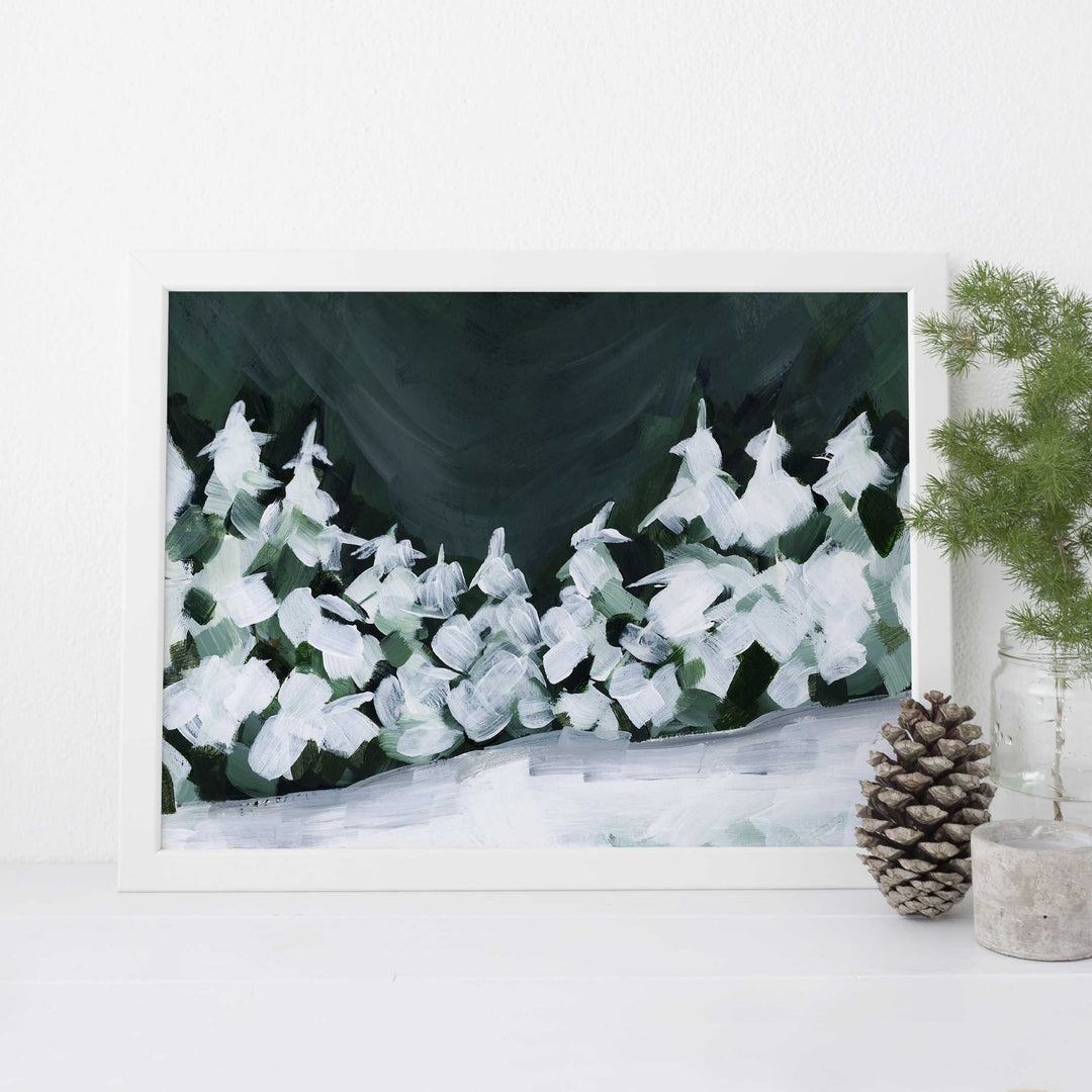 Night Sky Snowscape Winter Evergreens Pine Tree Painting Wall Art Print or Canvas - Jetty Home