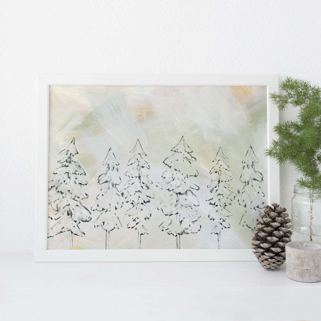 Modern Pine Tree Beige and Green Painting Wall Art Print or Canvas - Jetty Home