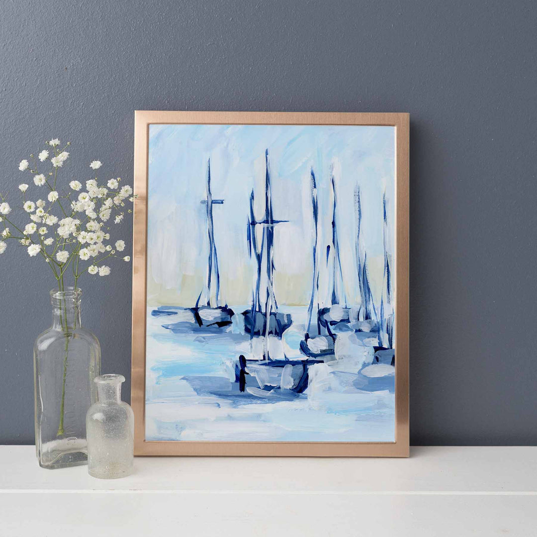 Moored Sailing Boats Painting Modern Nautical Wall Art Print or Canvas - Jetty Home