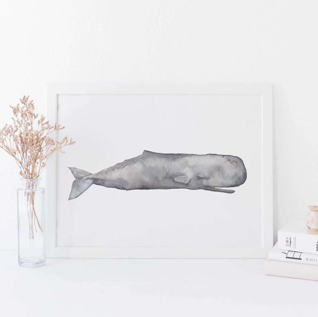 Watercolor Sperm Whale Painting Modern Coastal Wall Art Print or Canvas - Jetty Home