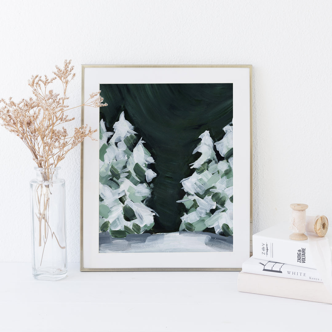 Winter Snow Covered Pine Tree Dark Green and White Painting Wall Art Print or Canvas - Jetty Home