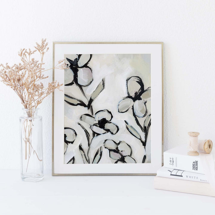 Neutral Floral Painting Cream and Black Flower Wall Art Print or Canvas - Jetty Home