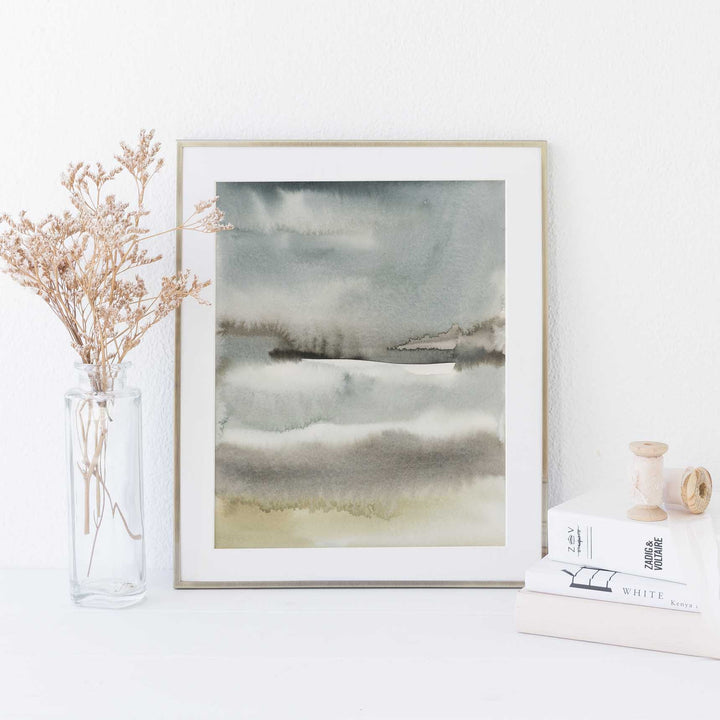 Slate and Beige Modern Landscape Lake Watercolor Wall Art Print or Canvas - Jetty Home