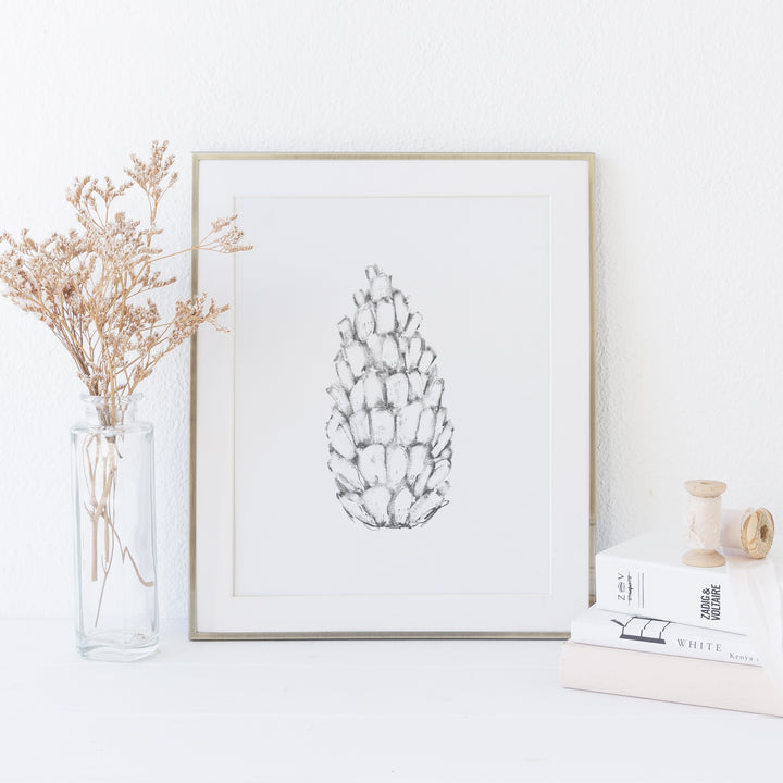Pine Cone Winter Illustration Autumn Gray and White Wall Art Print or Canvas - Jetty Home