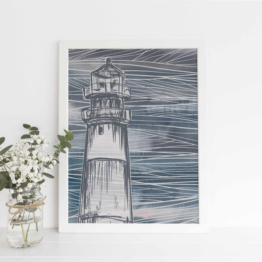 Nautical Abstract Blue Lighthouse Modern Coastal Wall Art Print or Canvas - Jetty Home