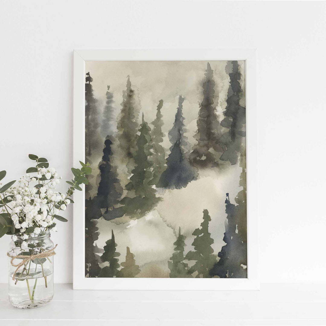 Evergreen Ethereal Tree Line Watercolor Wall Art Print or Canvas - Jetty Home