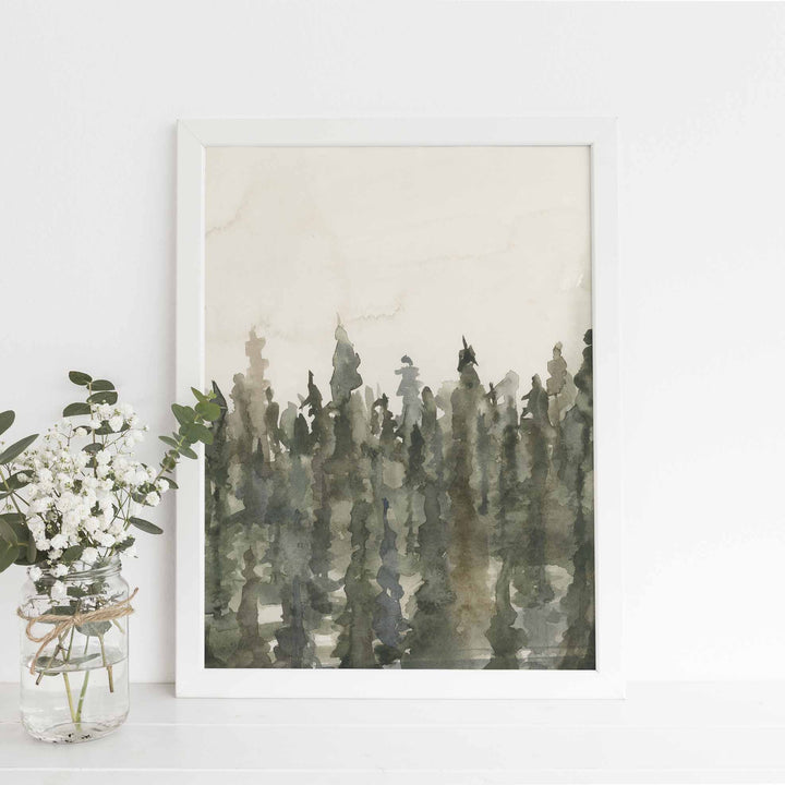 Tree Line Ethereal Fog Landscape Pine Watercolor Wall Art Print or Canvas - Jetty Home