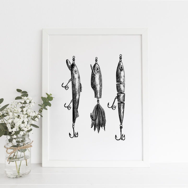 Black + White Fly Fishing Lures Illustration Art Print or Canvas - Jetty Home