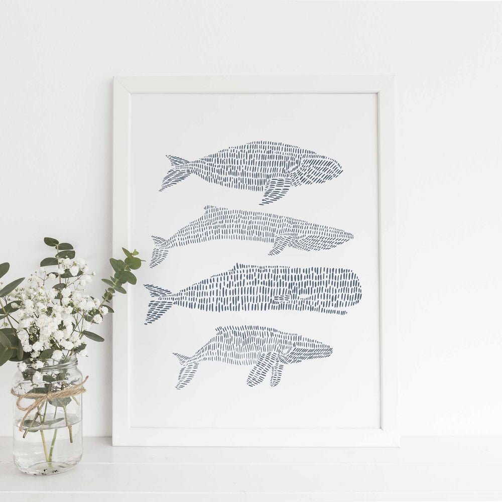 Modern Whale Drawing Blue and White Nautical Wall Art Print or Canvas - Jetty Home