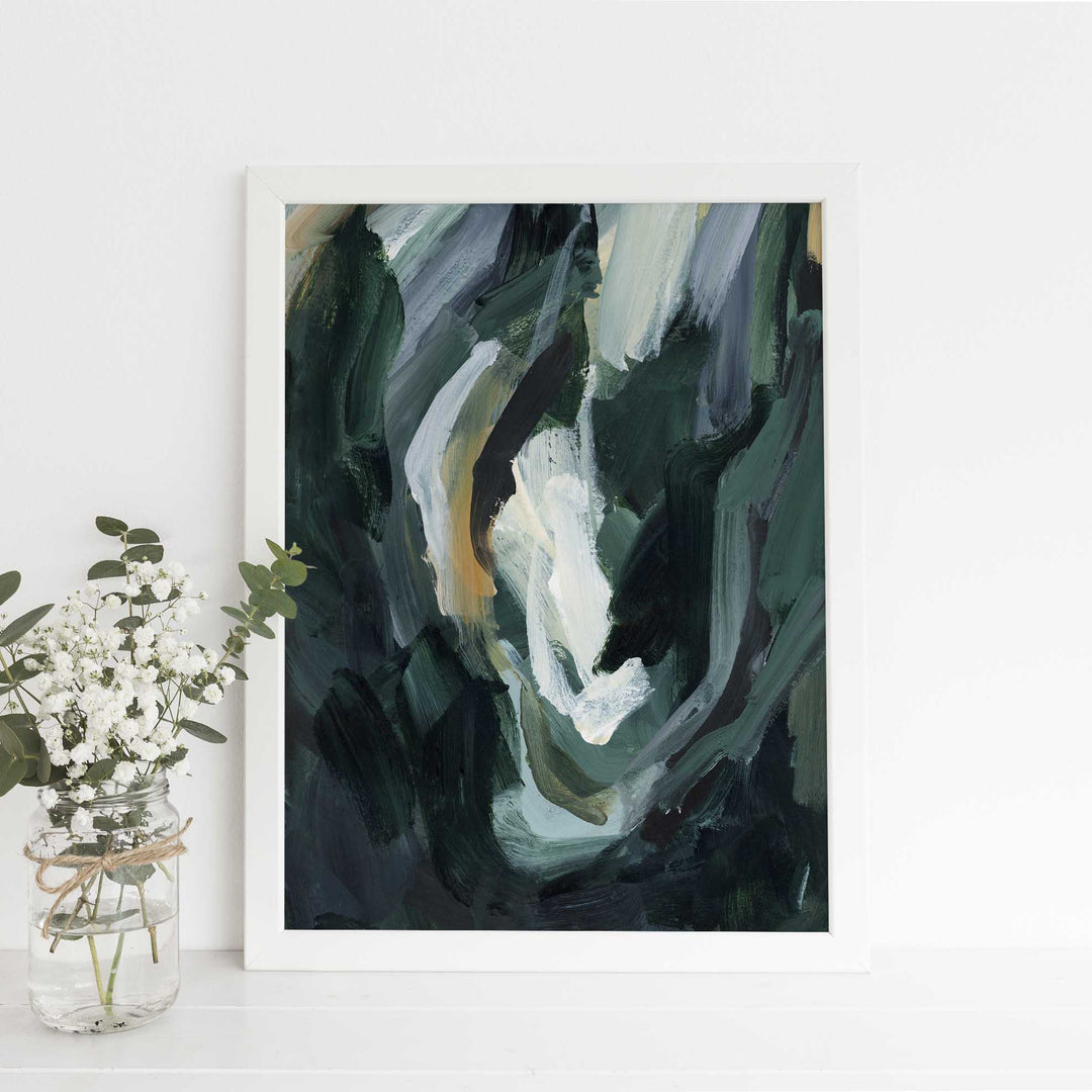 Dark Green Abstract Painting Forest Inspired Woodland Wall Art Print or Canvas - Jetty Home