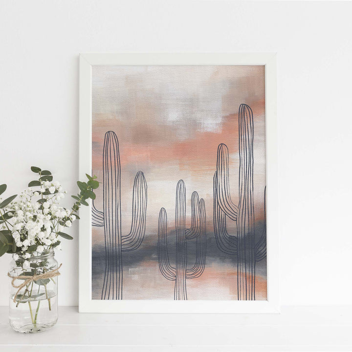 Modern Saguaro Cactus Navy + Blush Painting Wall Art Print or Canvas - Jetty Home