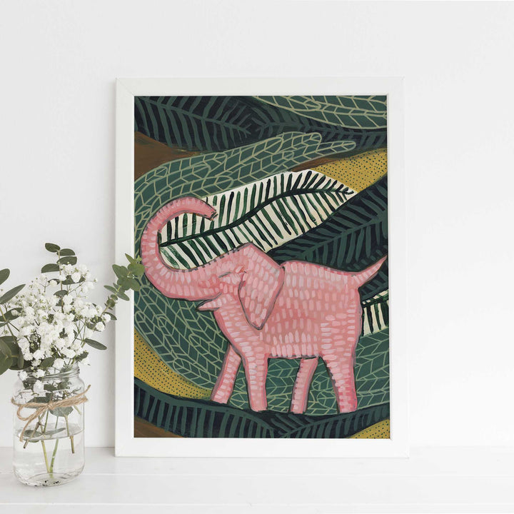 Pink Elephant Jungle Tropical Botanical Painting Wall Art Print or Canvas - Jetty Home