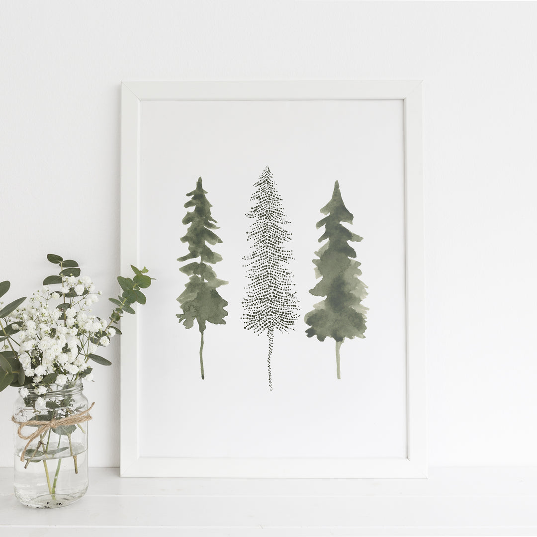 Pine Tree Trio Watercolor Winter Forest Wall Art Print or Canvas - Jetty Home
