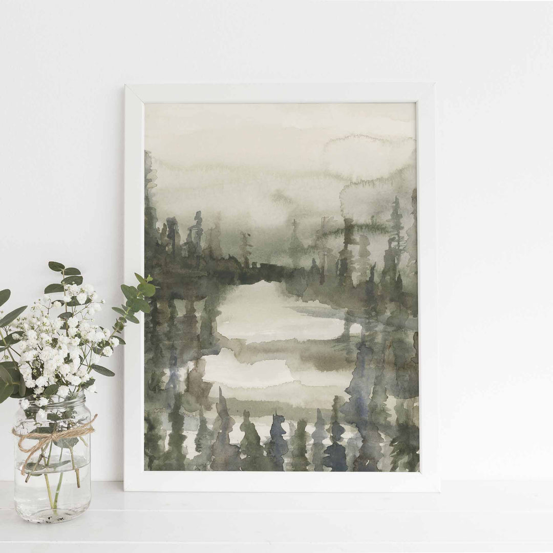 Misty Forest Pine Tree Line Watercolor Painting Wall Art Print or Canvas - Jetty Home