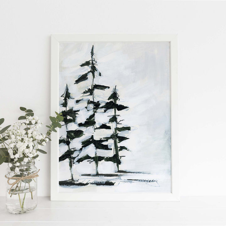 Minimalist Pine Tree Painting White and Dark Green Winter Wall Art Print or Canvas - Jetty Home