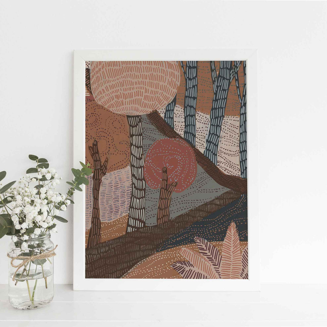 Boho Forest Scene Woodland Painting Earthy Warm Tones Wall Art Print or Canvas - Jetty Home
