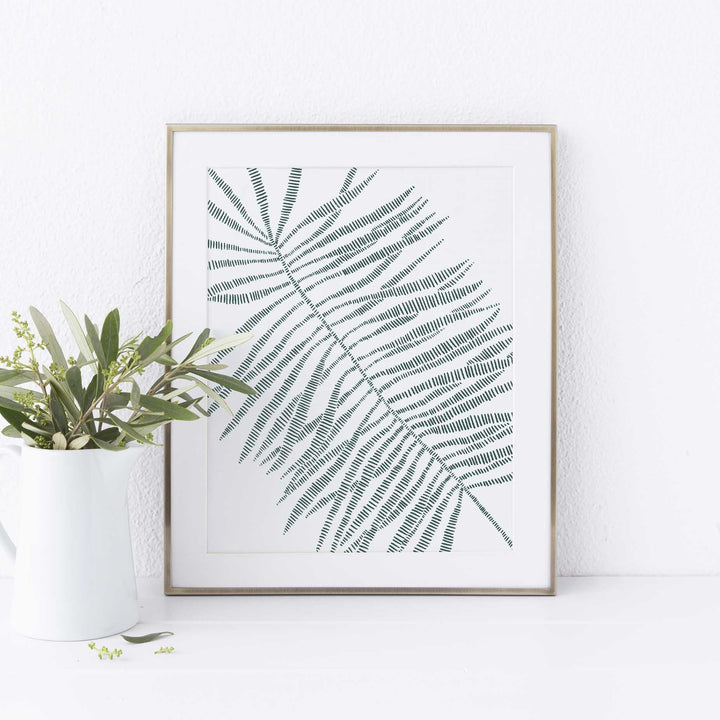 Palm Frond Leaf Modern Minimalist Tropical Green Wall Art Print or Canvas - Jetty Home