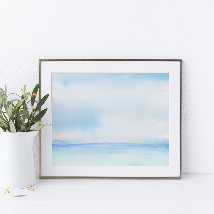 Minimalist Horizon Watercolor Coastal Beach Blue Wall Art Print or Canvas - Jetty Home