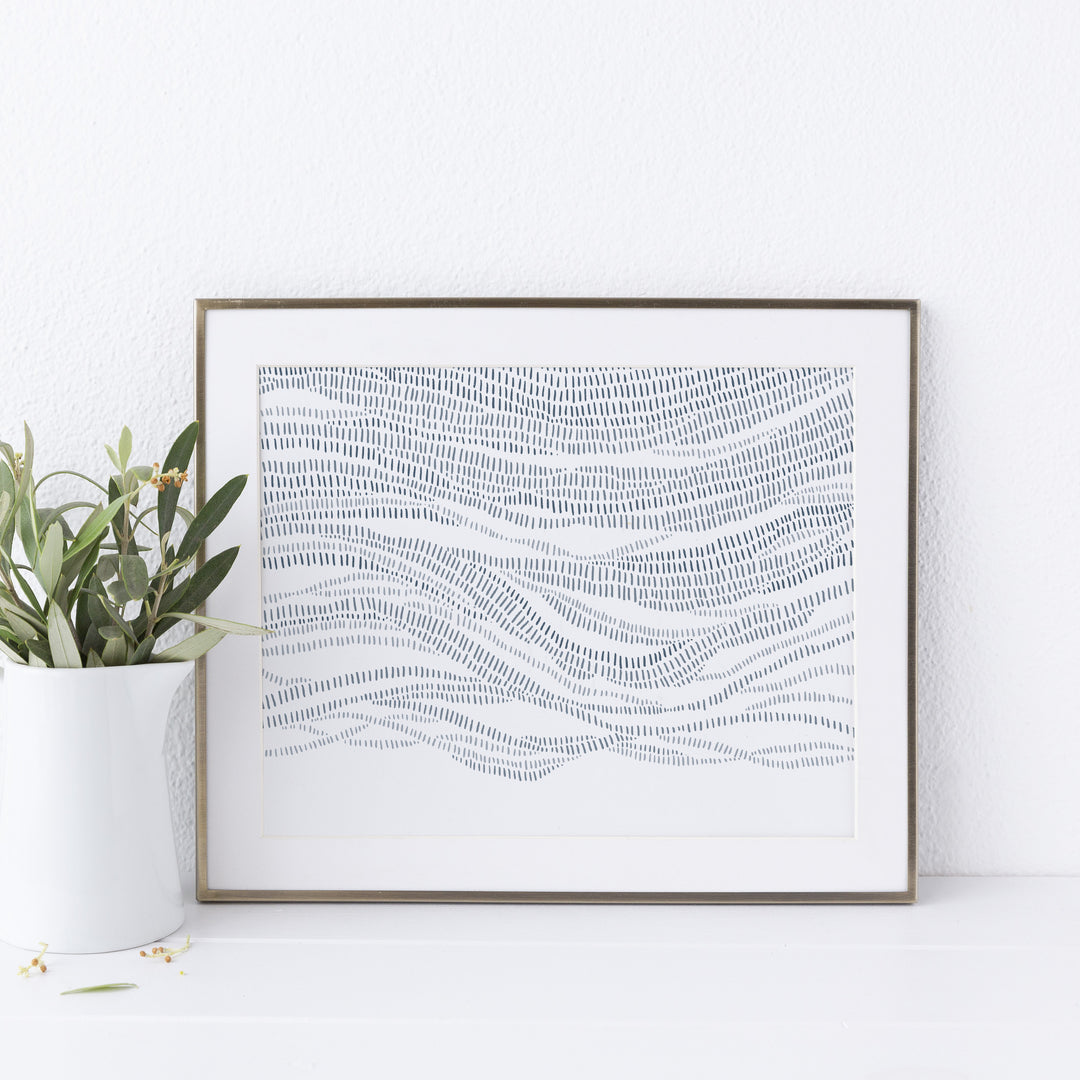 Abstract Ocean Waves Modern Beach Slate Blue and White Wall Art Print or Canvas - Jetty Home