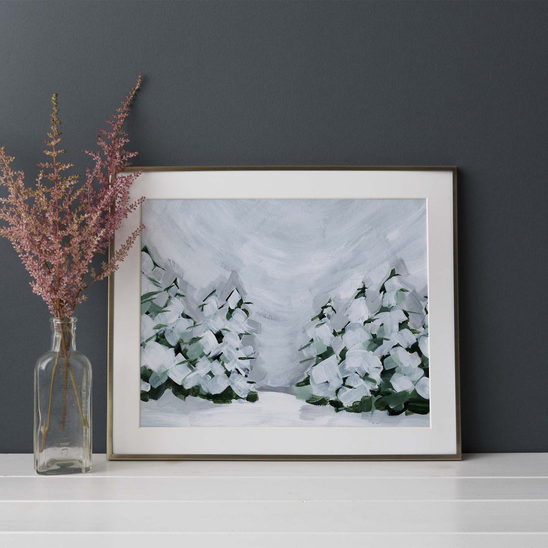 Winter Snowscape Evergreen Pine Tree Painting Wall Art Print or Canvas - Jetty Home