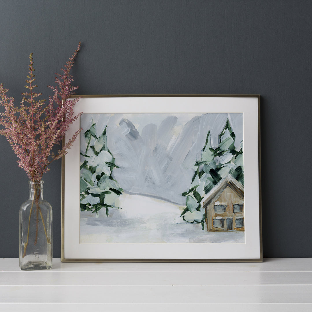 Winter Scene Snow Covered Cozy Cabin Wall Art Print or Canvas - Jetty Home