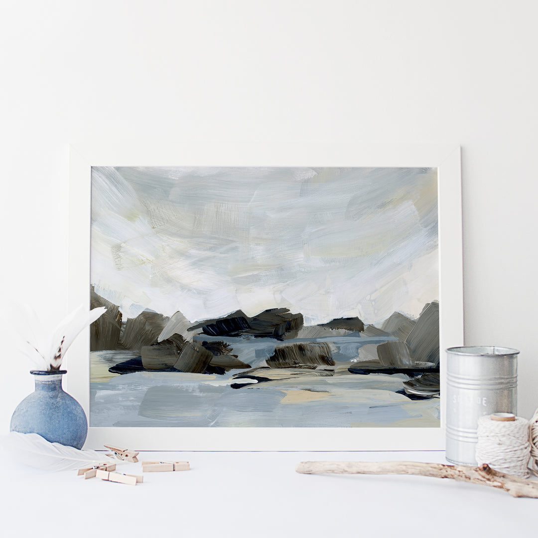 Rocky Coast Neutral Ocean Seascape Painting Wall Art Print or Canvas - Jetty Home