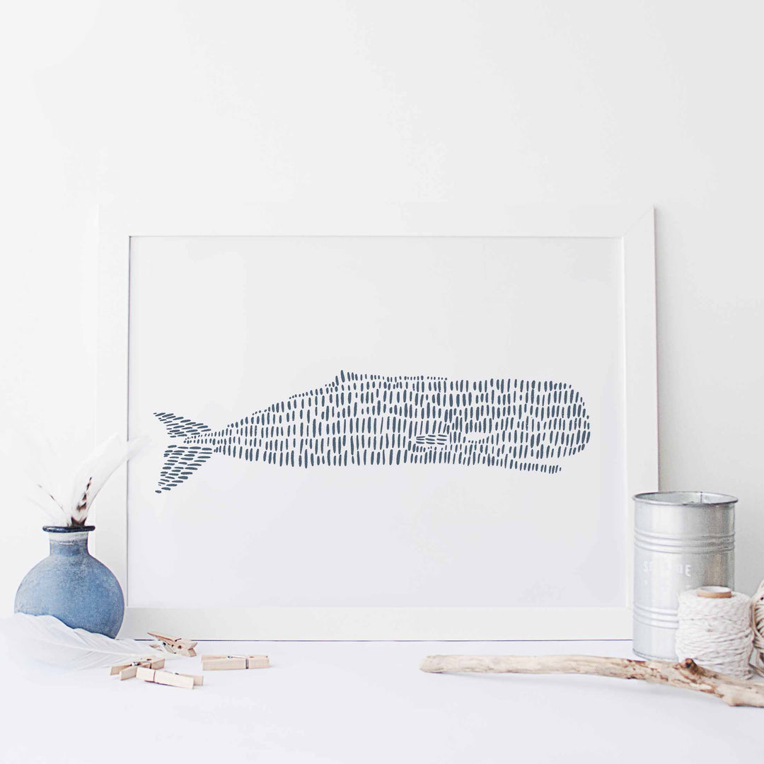 Modern Sperm Whale Drawing Minimalist Beach Wall Art Print or Canvas - Jetty Home