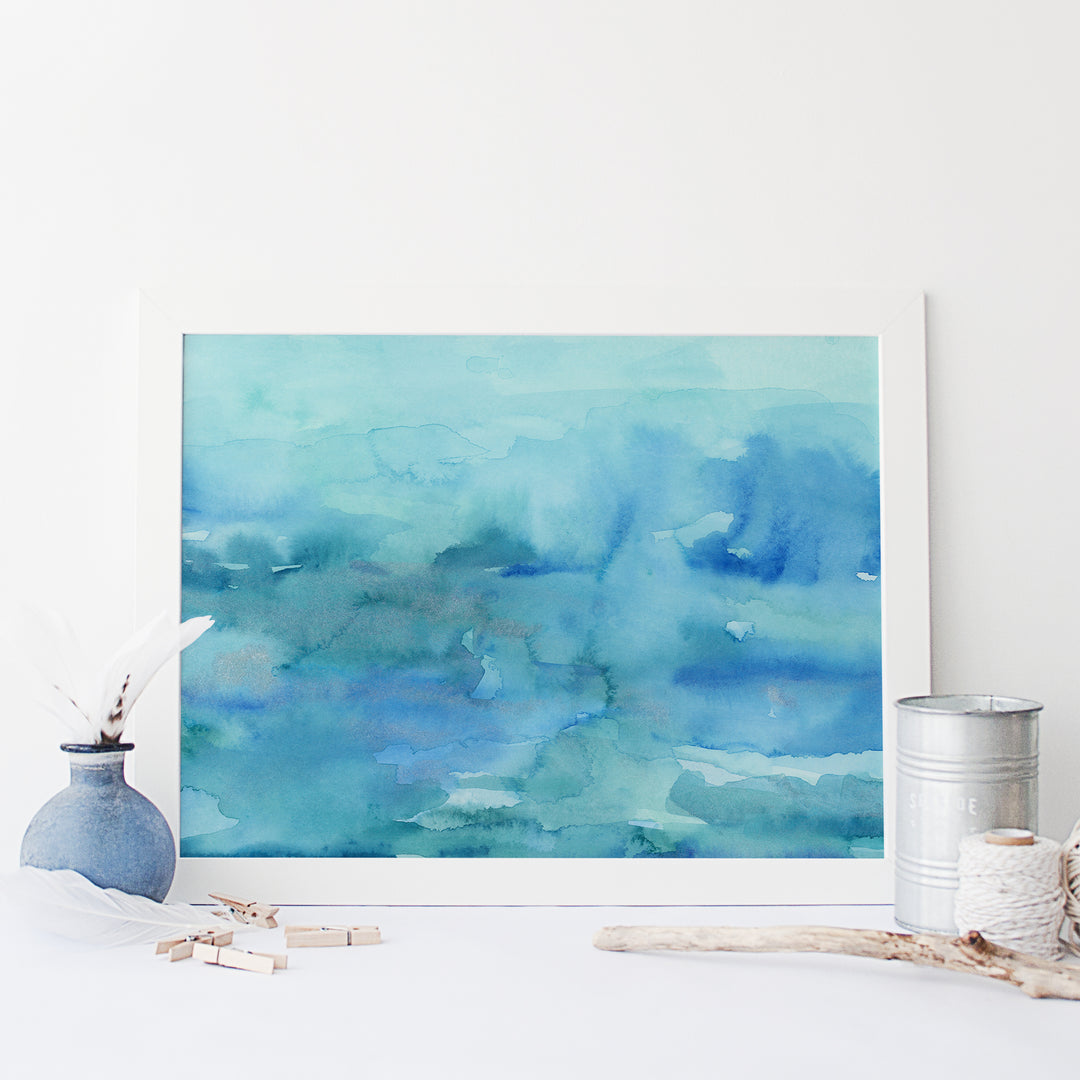 Dark Blue Turquoise Watercolor Ocean Abstracts Painting Wall Art Print or Canvas - Jetty Home