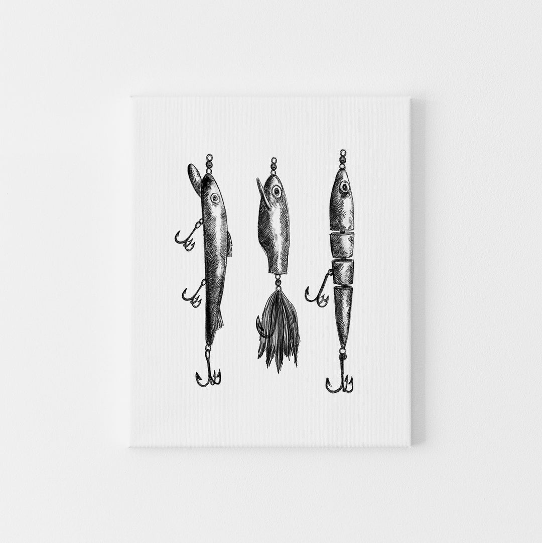 Black + White Fly Fishing Lures Illustration Art Print or Canvas - Jetty Home