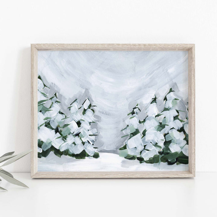 Winter Snowscape Evergreen Pine Tree Painting Wall Art Print or Canvas - Jetty Home
