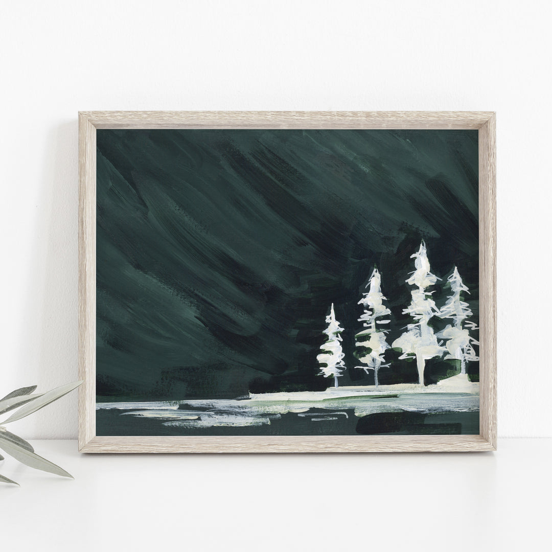 Dark Green Night Sky Pine Tre Evergreen Painting Winter Wall Art Print or Canvas - Jetty Home