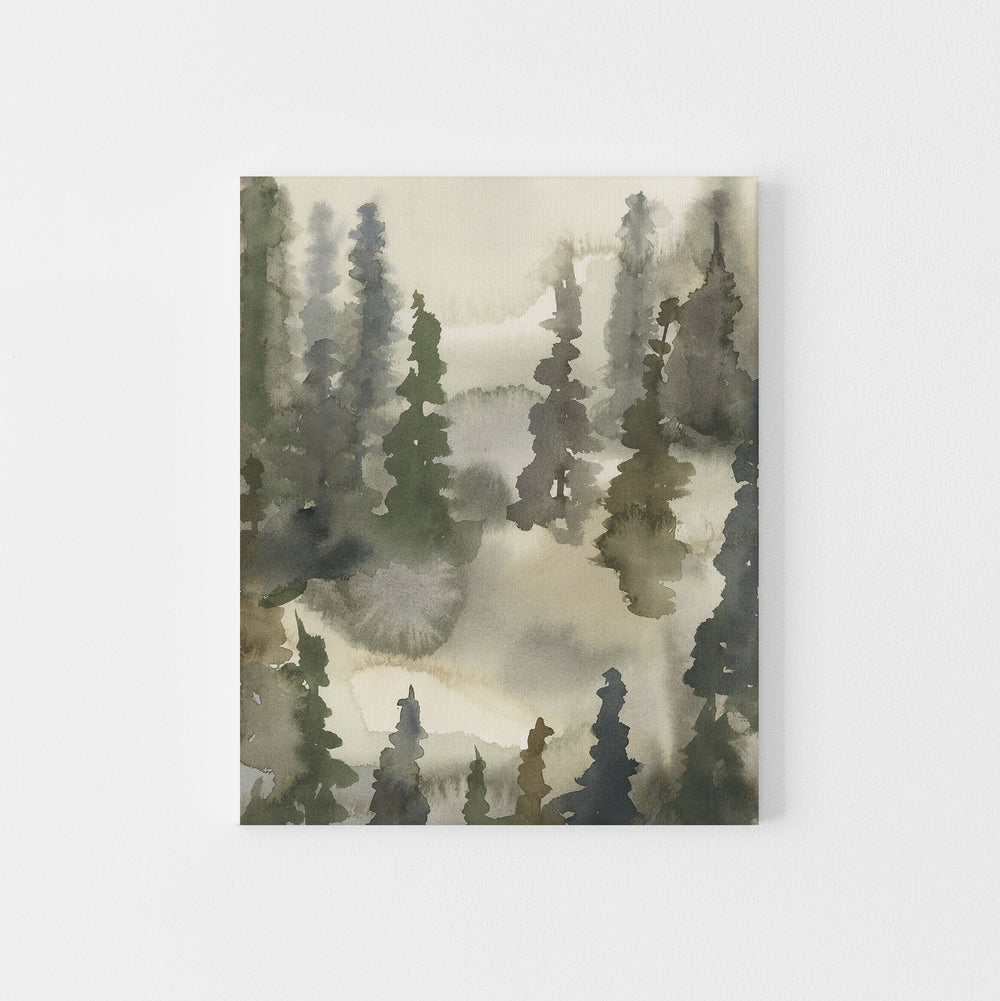 Misty Tree Line Fog Landscape Watercolor Painting Wall Art Print or Canvas - Jetty Home