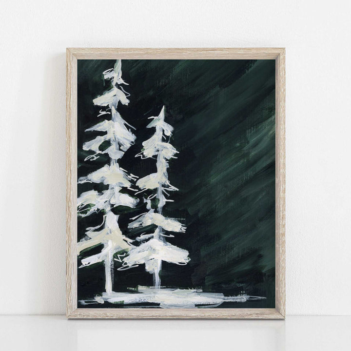 Dark Green White Evergreen Painting Pine Tree Winter Forest Wall Art Print or Canvas - Jetty Home