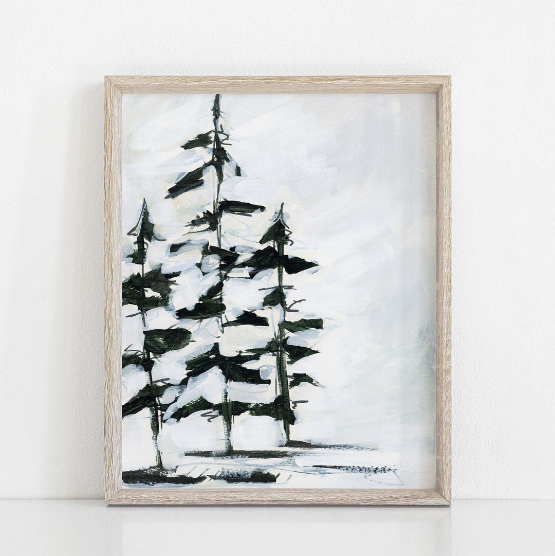 Minimalist Pine Tree Painting White and Dark Green Winter Wall Art Print or Canvas - Jetty Home