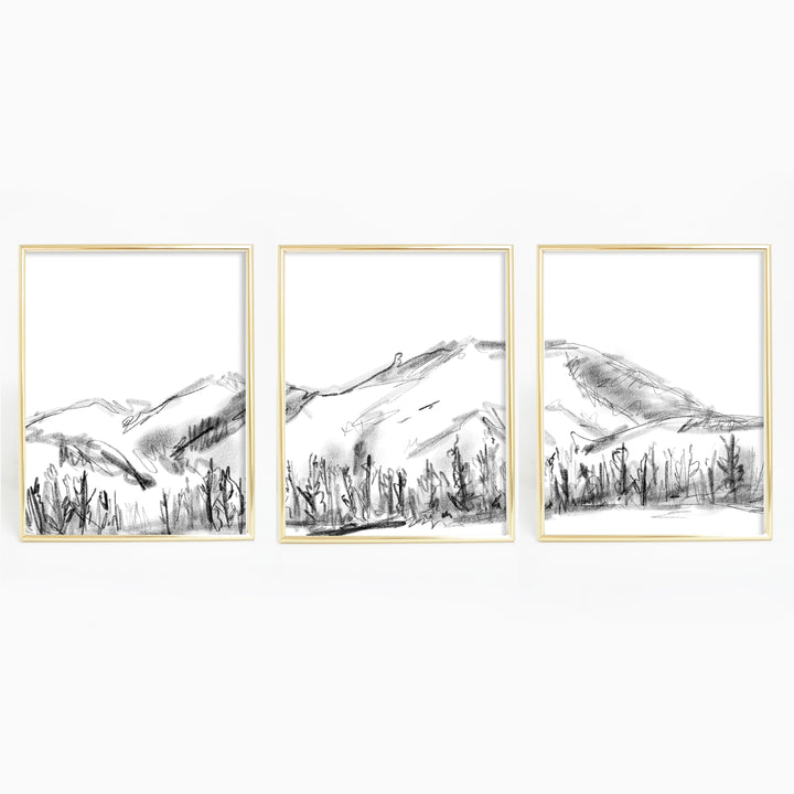 Mountain Landscape Black and White Sketch Triptych Set of Three Wall Art Prints or Canvas - Jetty Home