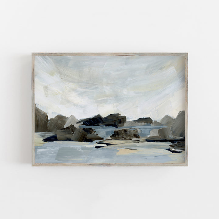 Rocky Coast Neutral Ocean Seascape Painting Wall Art Print or Canvas - Jetty Home
