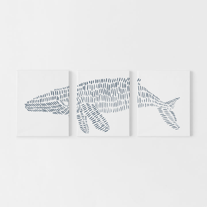 Humpback Whale Illustrated Line Triptych Set of Three Wall Art Prints or Canvas - Jetty Home
