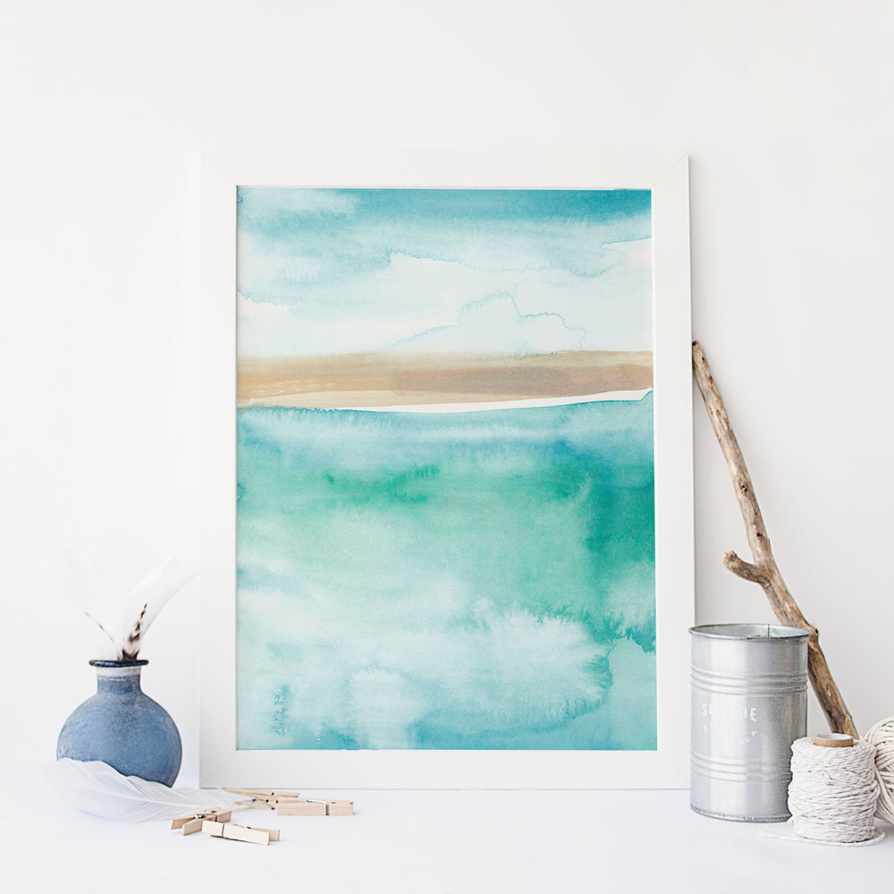 Modern Beach Painting Blue Green Watercolor Wall Art Print or Canvas - Jetty Home