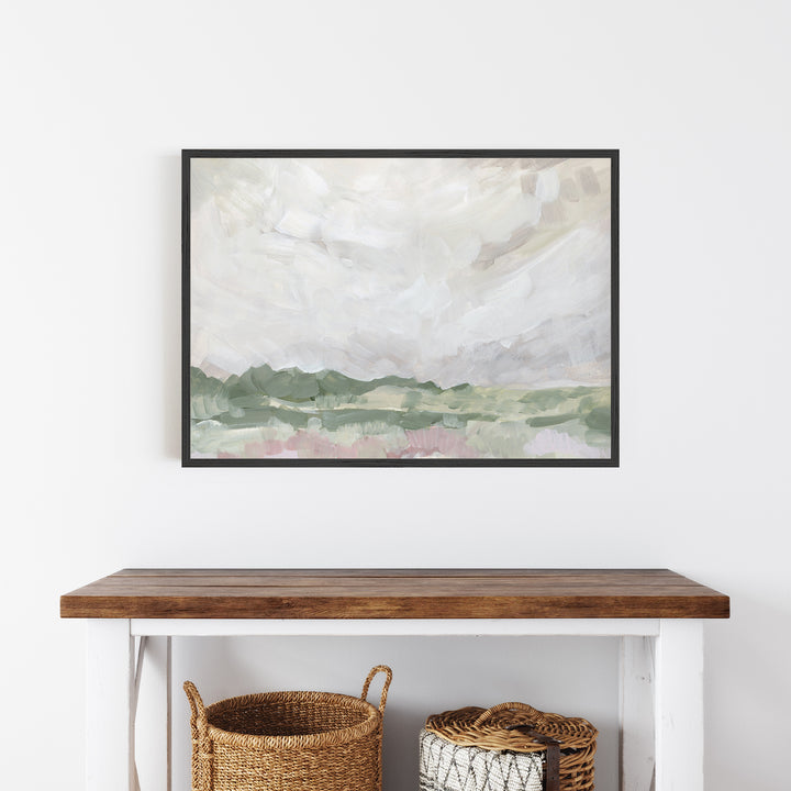 Country Skyline - Farmhouse Landscape Painting by Jetty Home - Framed View Above Countryside table